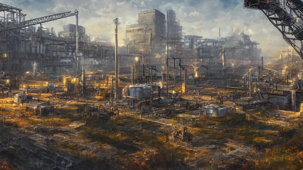 Prompt: industrial site, fantasy artwork, very very very beautiful scenery, hd, hdr, ue5, ue6, unreal engine 5, cinematic 4k wallpaper, 8k, ultra detailed, high resolution, artstation, award winning