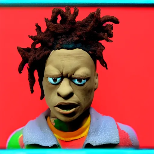 Image similar to a cinematic photograph still of trippie redd made out of clay, in claymation