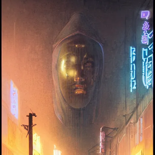 Prompt: portrait of masked byzantine blade runner 2 0 4 9 on the art deco streets of the neo tokyo during the festival of cybermasks, award - winning realistic sci - fi concept art by beksinski, bruegel, greg rutkowski, alphonse mucha, and yoshitaka amano