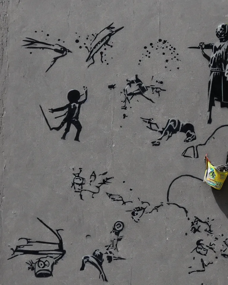 Prompt: banksy graffiti on black stone of mecca alien planet, massive spaceships, gross alien, retro futurism