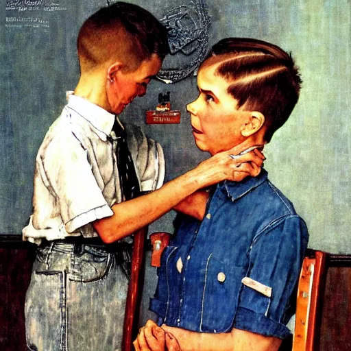 Image similar to A proud mother cutting her son's hair artwork by Norman Rockwell