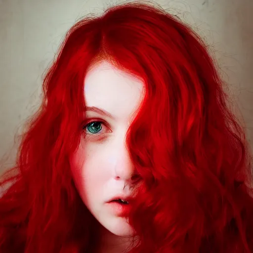 Prompt: a selfie of a young woman with messy vibrant ariel red hair, eye - contact, bedroom, ultra realistic, beautiful lighting