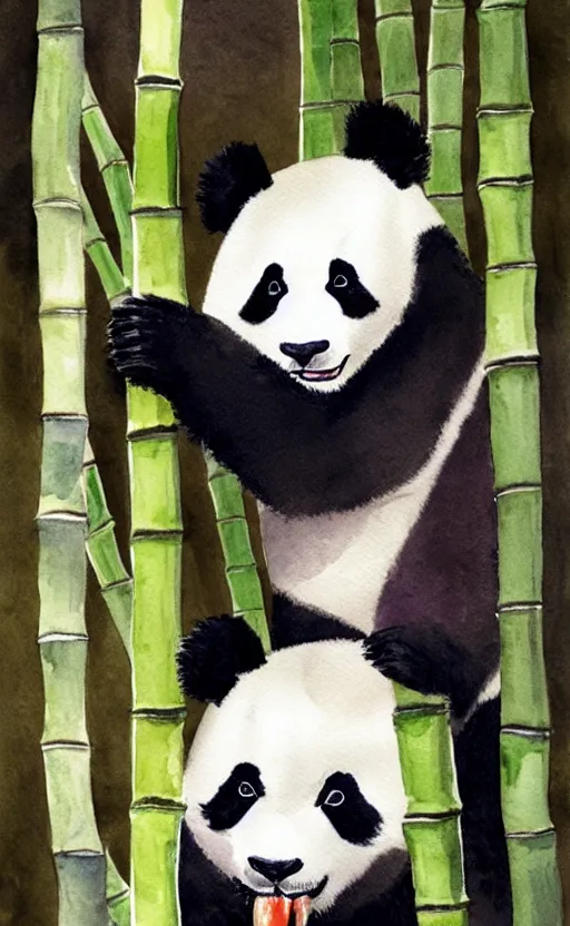 Image similar to a watercolor painting of a panda eating bamboo, dynamic lighting, photorealistic, ambient lighting, atmospherical, stunning visuals, trending on art station