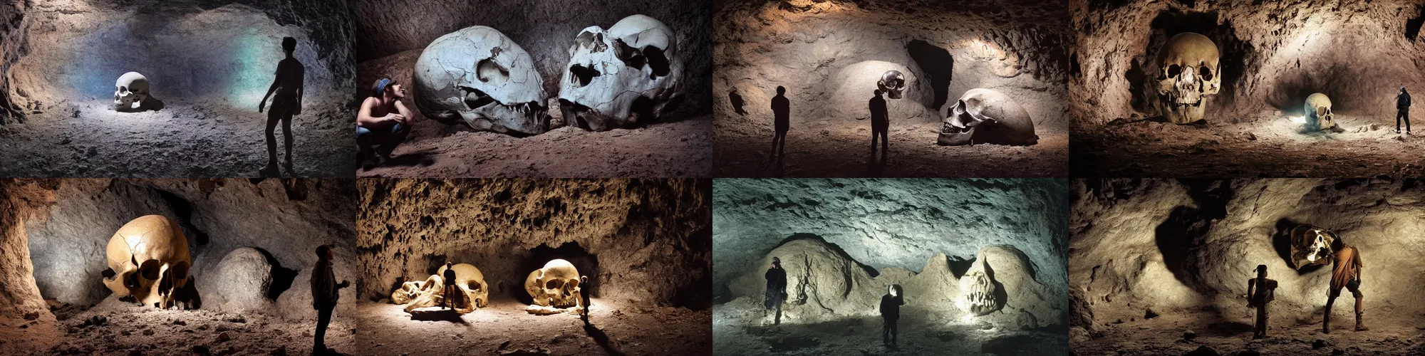 Prompt: An adventurer looks at an abandoned giant human skull in a dark cave, 4k digital art, Ektachrome photograph, volumetric lighting, f8 aperture, cinematic Eastman 5384 film
