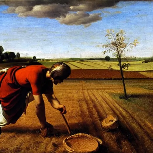 Prompt: Farmer tilling his field by Fra Bartolomeo,