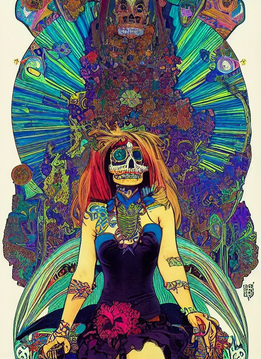 Image similar to realistic detailed psychedelic poster art of a cute punk goth fractal Día de los Muertos girl posing by Victor Moscoso Rick Griffin Alphonse Mucha Jamie Hewlett Moebius, masterpiece