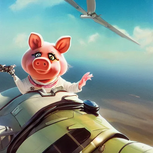 Image similar to cute miss piggy mupett pilot piloting plane, action shot, highly detailed, photorealistic, octane render, 8 k, unreal engine. art by artgerm and greg rutkowski and alphonse mucha