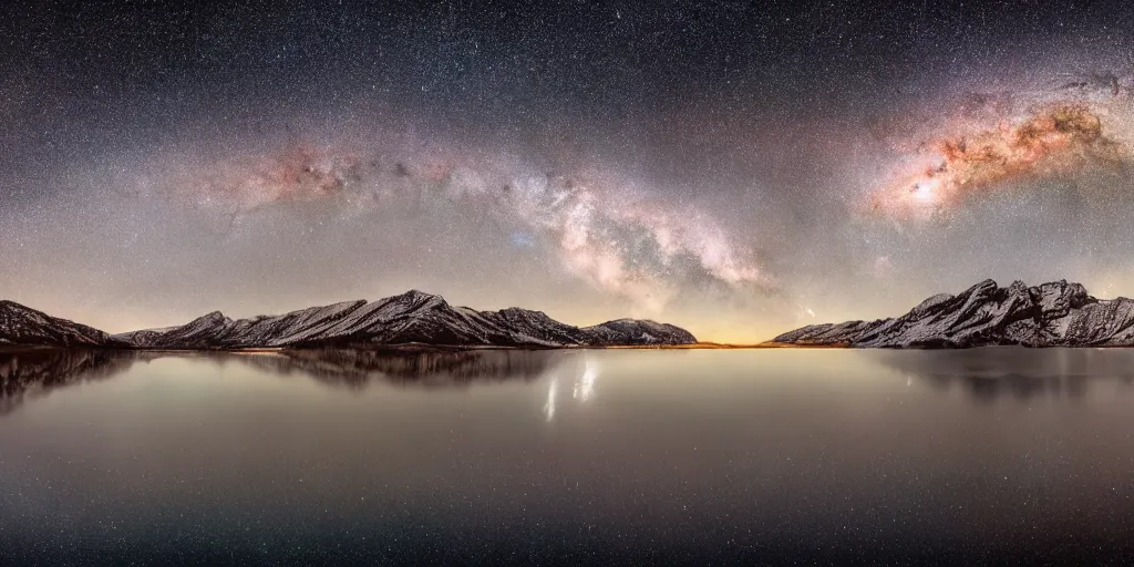 Image similar to Galactic arch, snowy mountains and lakes, in the style of National Geographic magazine, astronomical photography