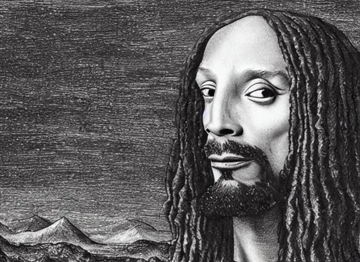 Image similar to a very high resolution image from a new movie, snoop dogg. drawn by leonardo da vinci. mountains, directed by wes anderson