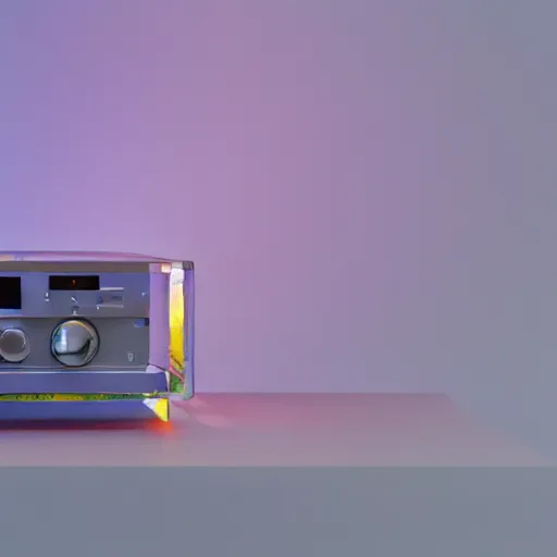 Prompt: an ultra high definition professional studio quality photograph of a transparent iridescent perspex pastel coloured tape player on a bedside table in an empty white room. dramatic lighting, ray tracing, refraction, shallow d. o. f, colour corrected, golden ratio, three point light. volumetric shadows. god rays.