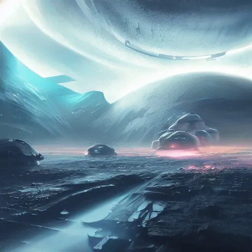 Image similar to scifi space landscape, concept art, trending on, volumetric lighting, epic composition