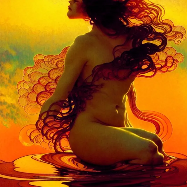 Image similar to transcendent mind bending indigo waves of glossy psychedelic liquid honey flowing like kaleidoscopic translucent amber, lsd waves, honey ripples, dramatic professional sunset, refracted lighting, art by collier, albert aublet, krenz cushart, artem demura, alphonse mucha