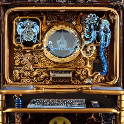 Prompt: front complete view of captain nemo's ornate brass and wood steampunk laptop computer with view of the keyboard, old font style, with glass tubes, monitor with octopus image on it, detailed keyboard, displayed on his antique victorian desk inside the nautilus submarine, retrocore, cyber steampunk 8 k 3 d