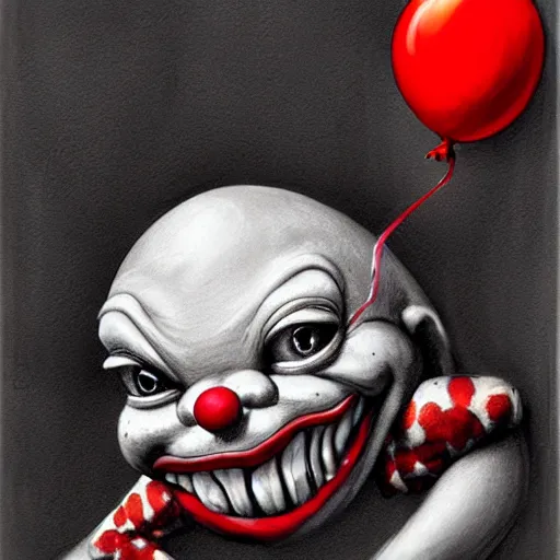 Image similar to surrealism grunge cartoon portrait sketch of a frog with a wide smile and a red balloon by - michael karcz, loony toons style, pennywise style, horror theme, detailed, elegant, intricate