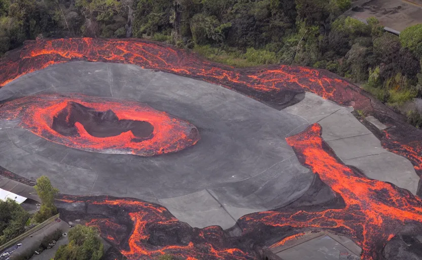 Prompt: a skatepark surrounded by molten lava, aerial photo