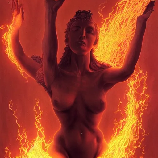 Image similar to A stunning portrait of a goddess, her body made of flames, by Wayne Barlowe, 8K UHD, intricate, fantasy, Trending on artstation.