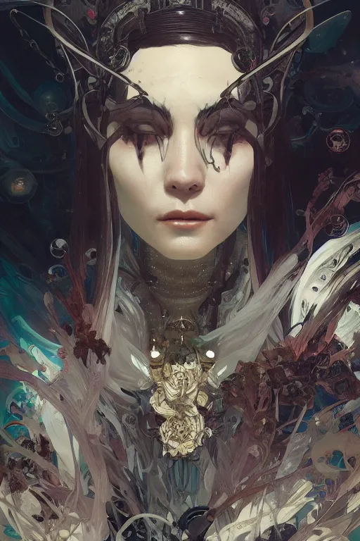 Image similar to A full portrait of a powerful beautiful futuristic dystopian junktown Japanese necromancer sorcerer enchanter, intricate, elegant, highly detailed, digital painting, artstation, concept art, smooth, sharp focus, illustration, art by Krenz Cushart and Artem Demura and alphonse mucha