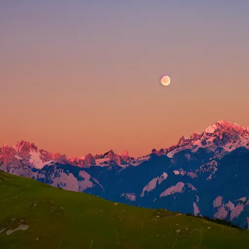 Image similar to a bloom moon over the alps at sunset in the summer