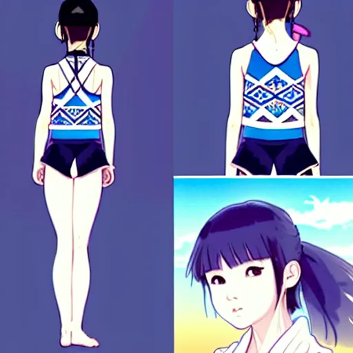 Image similar to a beautiful boyish japanese emma watson alluring instagram model, wearing elegant japanese hiphop leotard outfit with subtle mayan patterns and native fashion, aztec street fashion bathing suit, jrpg fashion, gapmoe yandere grimdark, trending on pixiv fanbox, painted by greg rutkowski makoto shinkai takashi takeuchi studio ghibli, akihiko yoshida