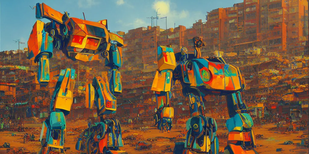 Prompt: colourful - damaged - giant mecha ROBOT of AJEGUNLE SLUMS in Lagos, markings on robot, Golden Hour, painting by Hsiao-Ron Cheng,