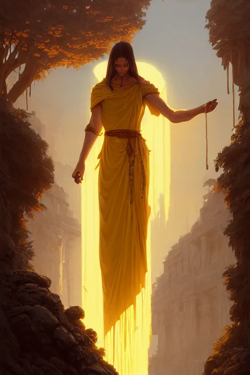 Image similar to possessed woman wearing an ancient greek tunic made of yellow paper, stephen bliss, unreal engine, fantasy art by greg rutkowski, rhads, ferdinand knab, makoto shinkai and lois van baarle, ilya kuvshinov, rossdraws, tom bagshaw, global illumination, radiant light