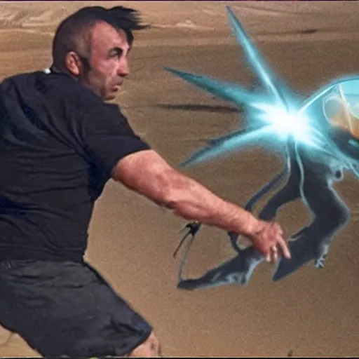 Image similar to joe rogan heroically saving an alien from area 5 1 while being chased by the cia protecting his rights