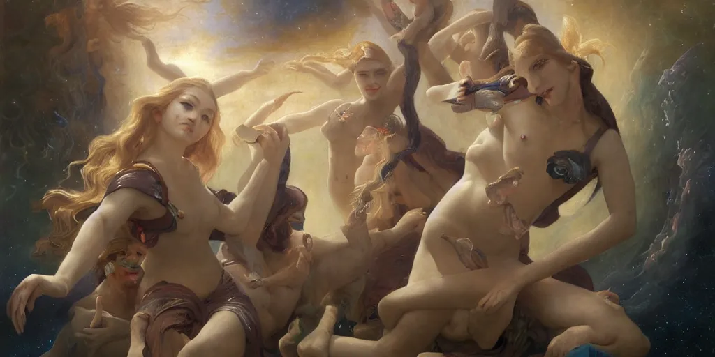 Prompt: oil portrait painting, etheric majestic beautiful females, hybrid atlantean elsa jean, fantasy warrior, epic battle, great anubis leviathan turtle, stellar space, cosmic celestial castle, universe, nebula, birds eye view, digital art, airbrush, regal, refined, theophanic atmosphere, william - adolphe bouguereau, michael whelan, unreal engine, 8 k hd