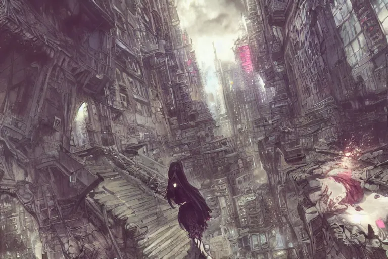 Image similar to goth woman in front of city, color page, tankoban, 4 k, tone mapping, akihiko yoshida, james jean andrei riabovitchev marc simonetti, yoshitaka amano, long hair, curly, h. hydrochaeri