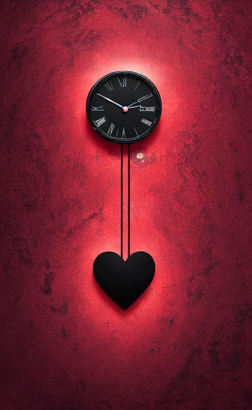 Image similar to a melting Roman numeral clock, behind a red and black gradient background, awith a black heart shaped on the top left corner and a black diamond card shape in the bottom right corner, dynamic lighting, photorealistic fantasy concept art, trending on art station, stunning visuals, cinematic, creative, ultra detailed