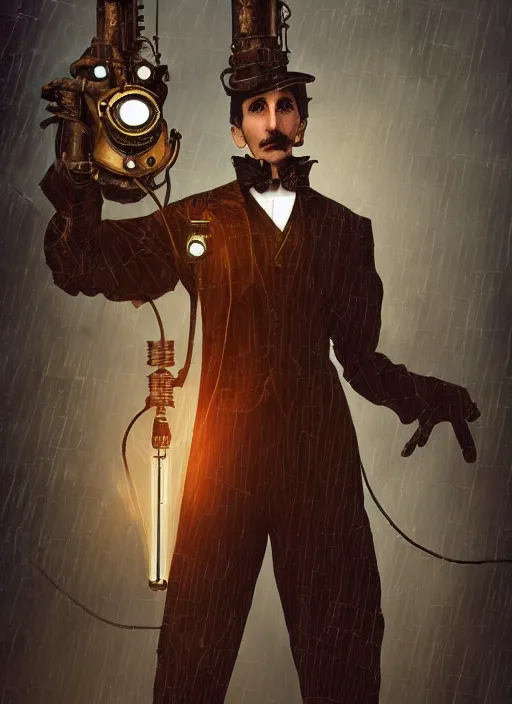 Image similar to steampunk portrait of nikola tesla as a mad scientist working on a giant robot from bioshock, au naturel, hyper detailed, digital art, trending in artstation, cinematic lighting, studio quality, smooth render, unreal engine 5 rendered, octane rendered, art style by klimt and nixeu and ian sprigger and wlop and krenz cushart