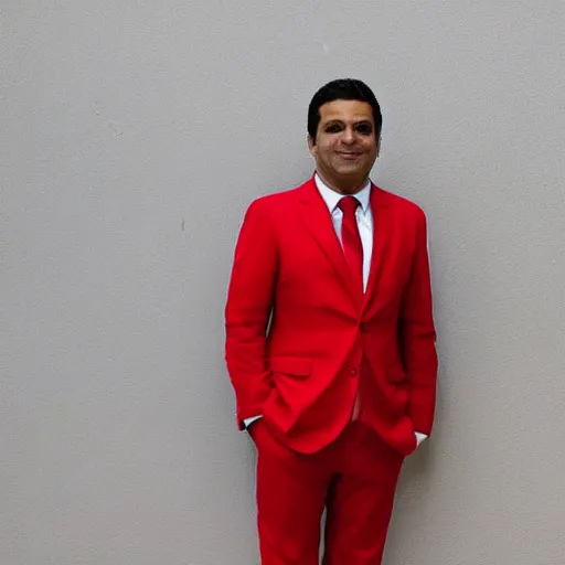 Image similar to luis piedrahita wearing a red suit while holding a tomato, photograph