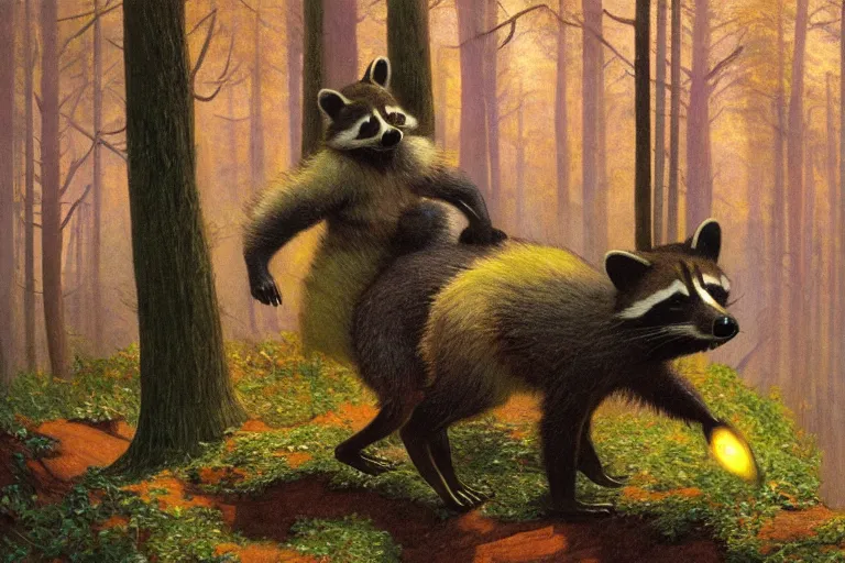 Image similar to a raccoon, foxback riding through a forest, glowing with silver light, painting by jean - leon gerome, illustration by winsor mccay, color by franz marc, today's featured photograph, 1 6 k, character design, furry art, furaffinity, realistic, detailed