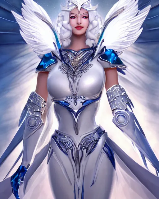 Image similar to perfect white haired egyptian goddess wearing white dove wings, warframe armor, regal, attractive, ornate, sultry, beautiful, ice queen, half asian, pretty face, blue eyes, detailed, scifi platform, 4 k, ultra realistic, epic lighting, android body, masterpiece, art by akihito tsukushi, voidstar, artgerm