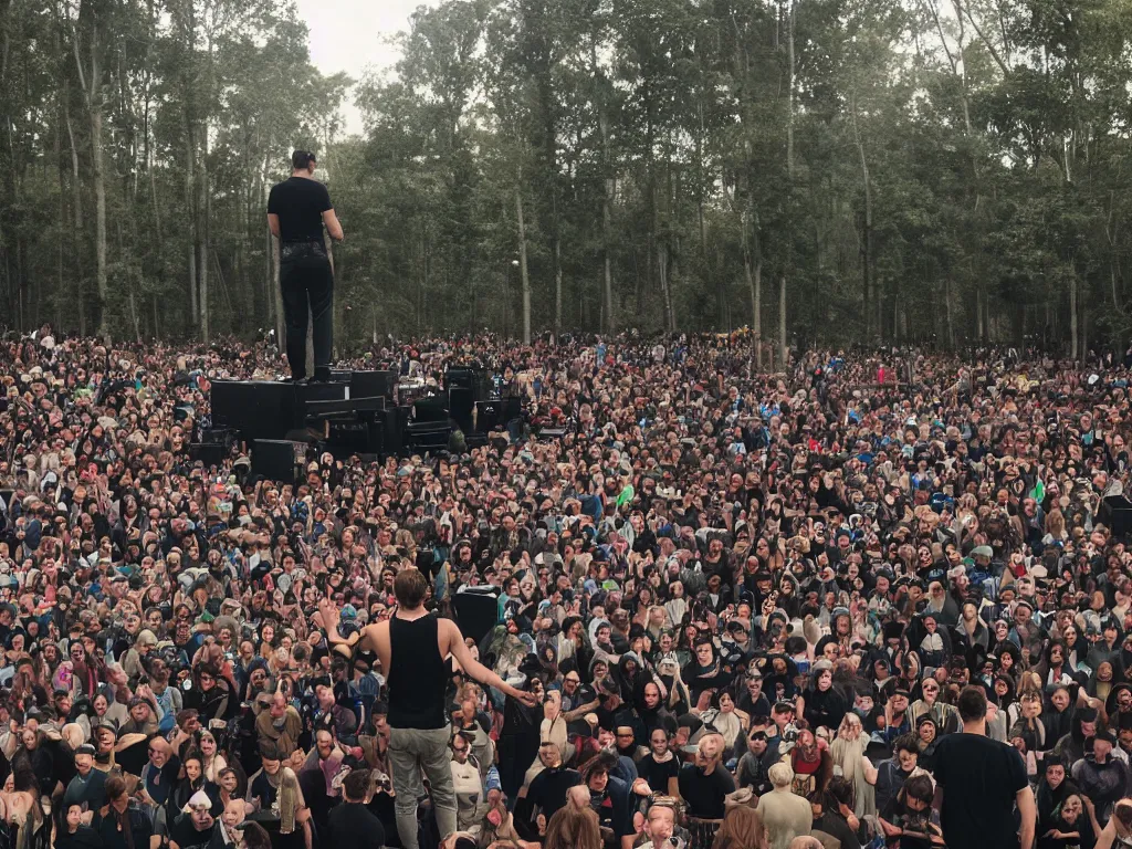 Image similar to mr peculiar is standing on a stage surrounded by incredible musical technology playing highly evolved music overlooking a crowd at a forest festival lit by fire
