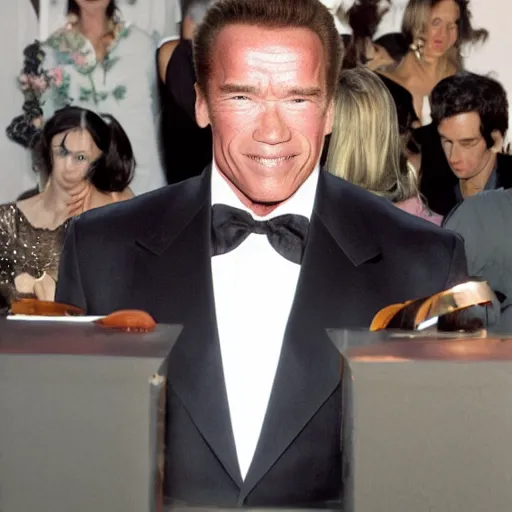 Prompt: Arnold Schwarzenegger in a pink frilly dress