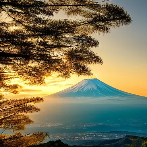 Image similar to photo of Mt Fuji, cinematic, golden hour, golden ratio, beautiful, high detail,