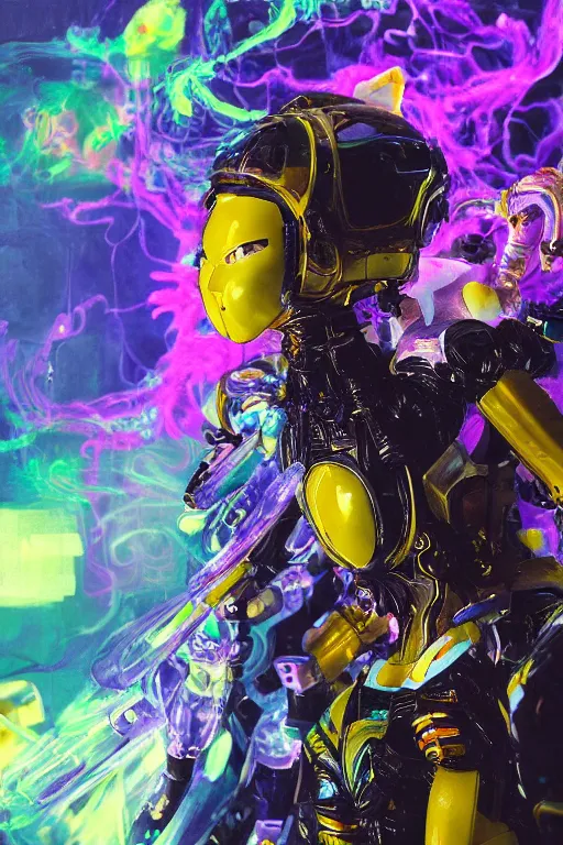 Prompt: a scene with a intricate anime figurine that looks like a transparent plastic robot with a lot of fluo colored details with yellow smoke, moody light, hyper real painting