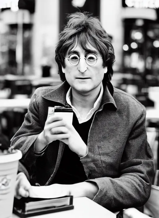 Prompt: john lennon sitting inside a starbucks using his iphone 1 2, black and white photo, real, photorealistic