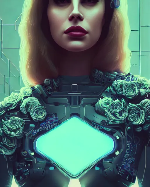 Image similar to portrait of lana del rey as a cyberpunk cyborg. roses, sci - fi, missing panels, intricate abstract, upper body, intricate artwork, by tooth wu, wlop, beeple, dan mumford. concept art, 8 k octane render, deviantart, greg rutkowski, cinematic, key art, hyperrealism, iridescent accents