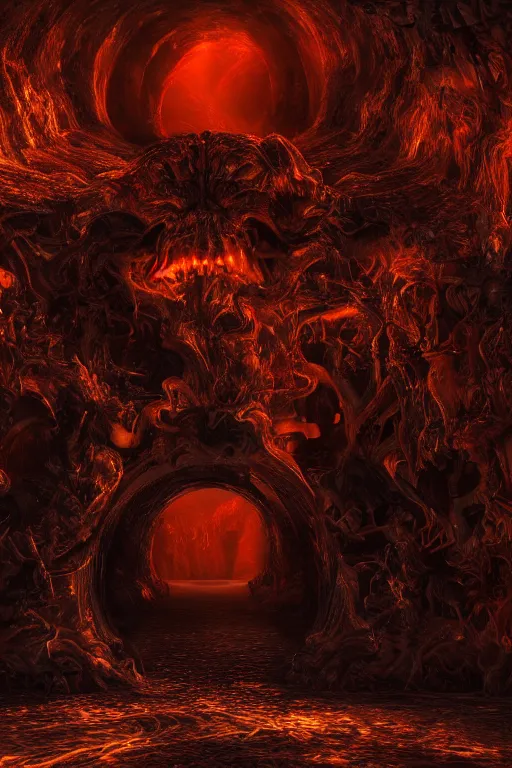 Image similar to The Gates of Hell as seen Through Gods Eyes, Visually Stimulating, Profound, Layered Shadows, Ultra Detail, Ultra Defined, Ultra High Definition, Cinematic Render, Cinematic Lighting