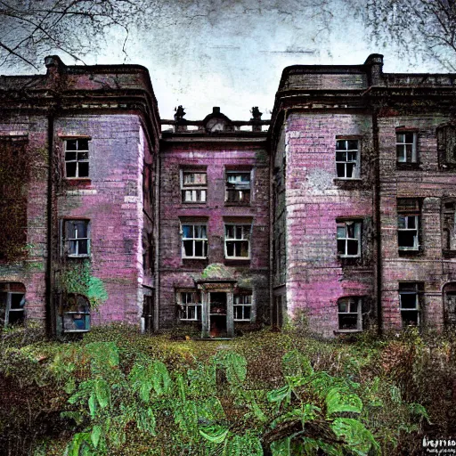 Prompt: front view of overgrown denbigh asylum aka the north wales hospital, full color, hyperrealistic