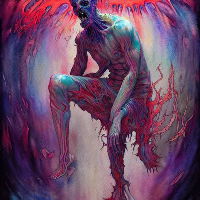 Prompt: complex symmetrical watercolor, spiritual horror lsd art in muted colors, disturbing grunge still of a lovecraftian demon infested guy flirting with you, by arthur adams, by tom bagshaw, by henry asencio, by kikuchi hideyuki