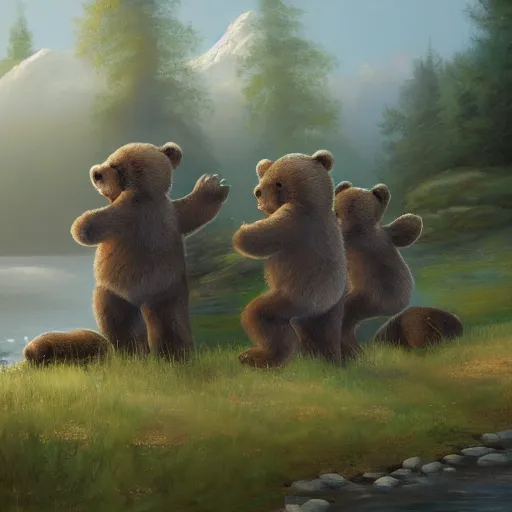 Image similar to cottage with three humanoid bear cubs in front, aesthetic, oil painting, pale colors, high detail, 8 k, wide angle, trending on artstation,