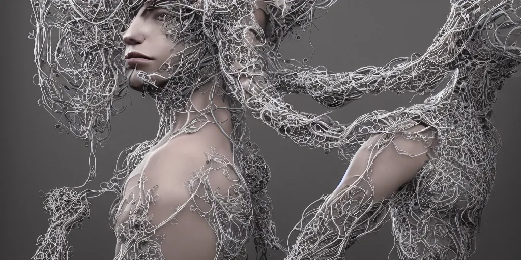 Image similar to photorealistic gorgeous symmetrical female cyborg, spreading threads, tendrils, ribbon highly detailed, arms stretched, knees together, intricate, exuberant filigree, in the style of beth cavener, jin kagetsu, wlop, masterpiece, concept art, high key lighting, ambient lighting, octane render, 8 k, artstation