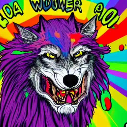 Image similar to a werewolf covered in blood in the style of lisa frank