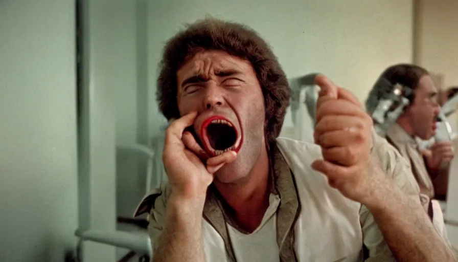 Image similar to 70s movie still of a man yelling with trypophobia mouth in hospital, eastmancolor, heavy grain, high quality, higly detailed, liminal space