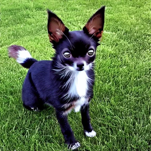 Image similar to a half chihuahua half cat hybrid with long fluffy cat tail and cat eyes, chihuahua body