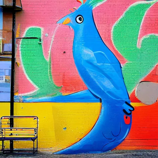 Prompt: by howard schatz, by richard scarry mild. a beautiful street art of a large, colorful bird with a long, sweeping tail. the bird is surrounded by swirling lines & geometric shapes in a variety of colors