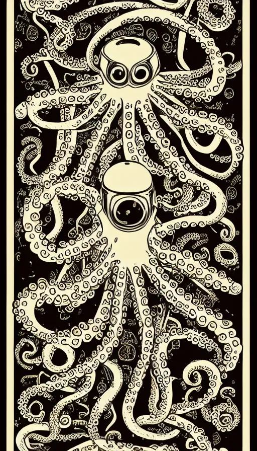 Image similar to robot with octopus tentacles, hand drawn illustration, antique style poster, highly detailed vector art