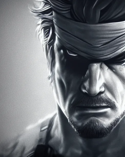 Image similar to solid snake portrait, cinematic lighting, anguished depressed facial expression, black atmospheric background, 4 k photography hdr